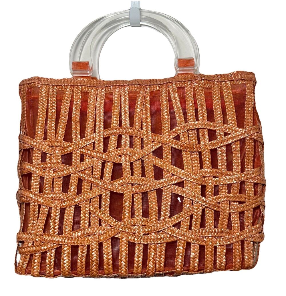 Fina Firenze Woven Lucite Handle Handbag Orange Retro Resort Tote